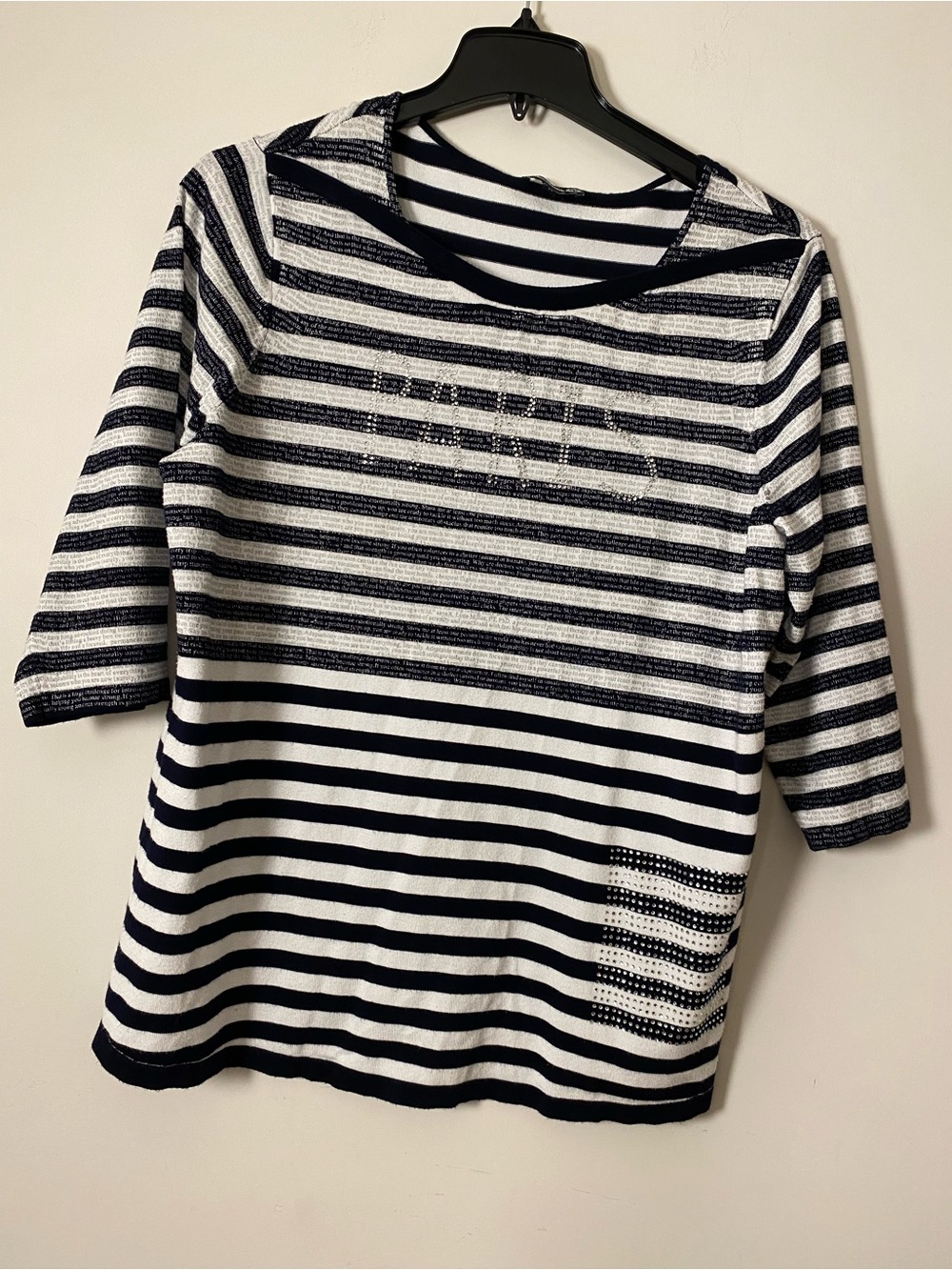 ClaireFrance Plus Size Navy and White Striped Short Sleeve Tee with Paris Studs